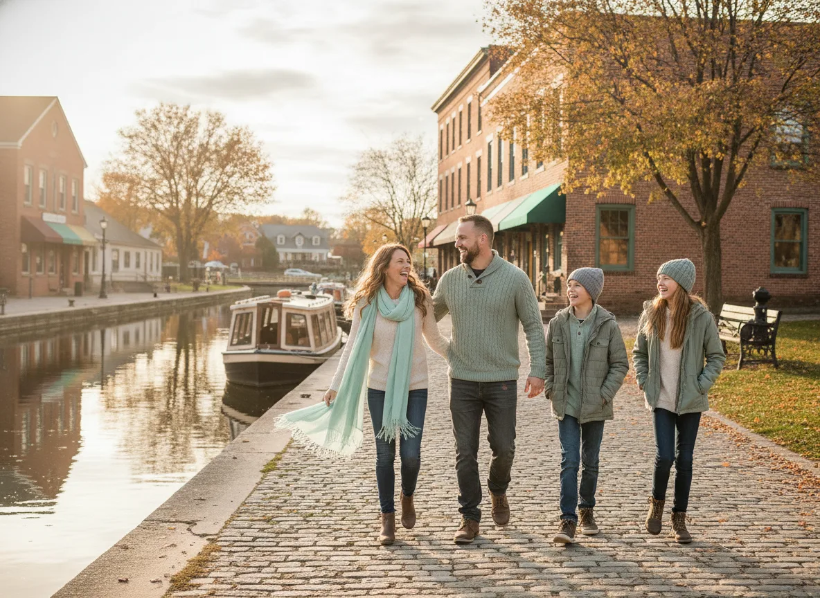 Family walking together along a canal in a small New York town