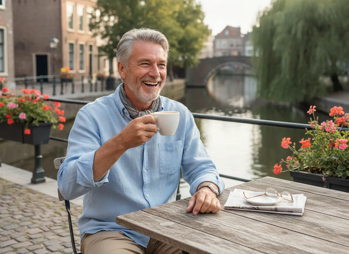 Smiling senior man enjoying coffee outdoors