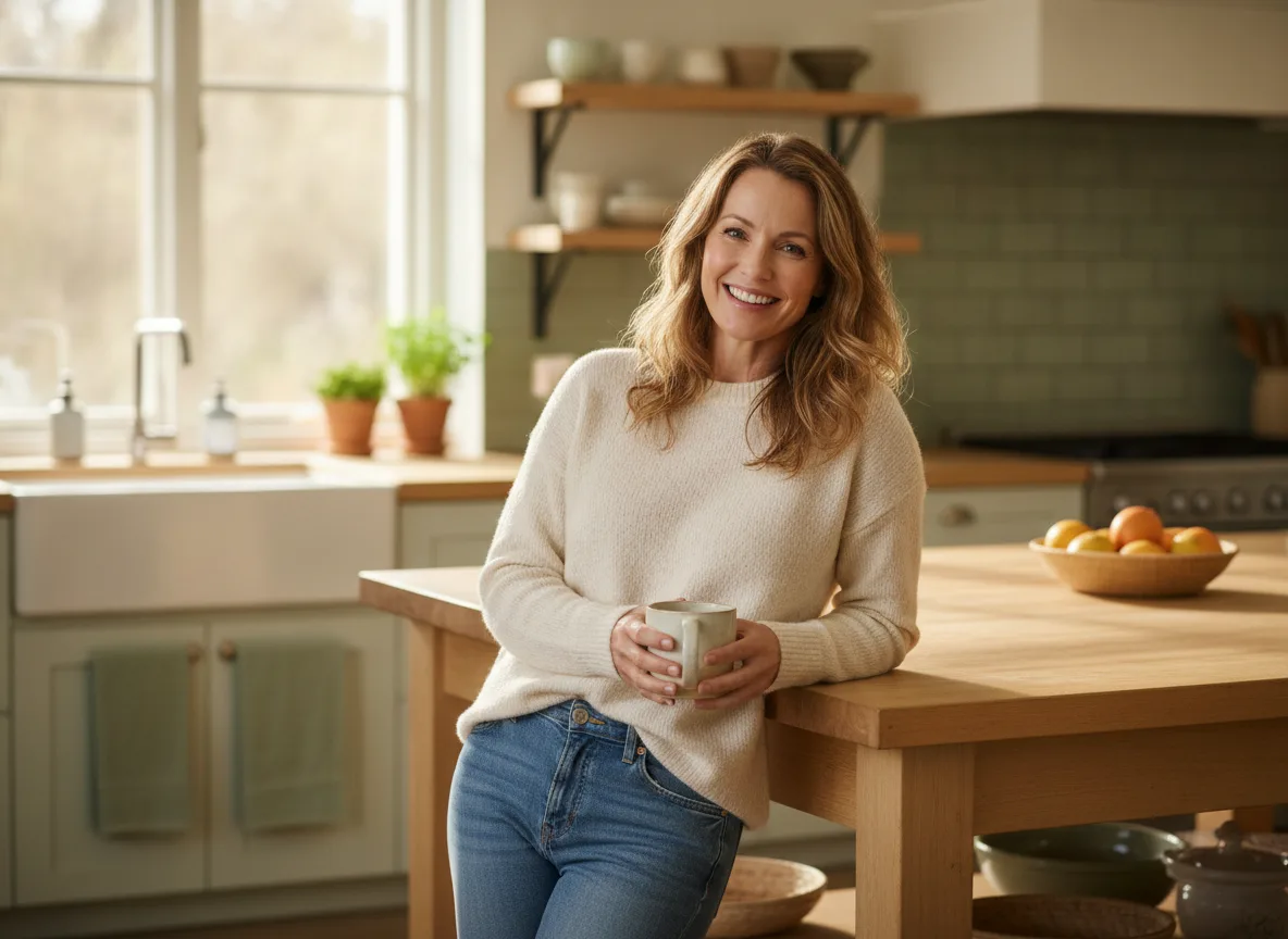 Smiling woman standing in a bright kitchen