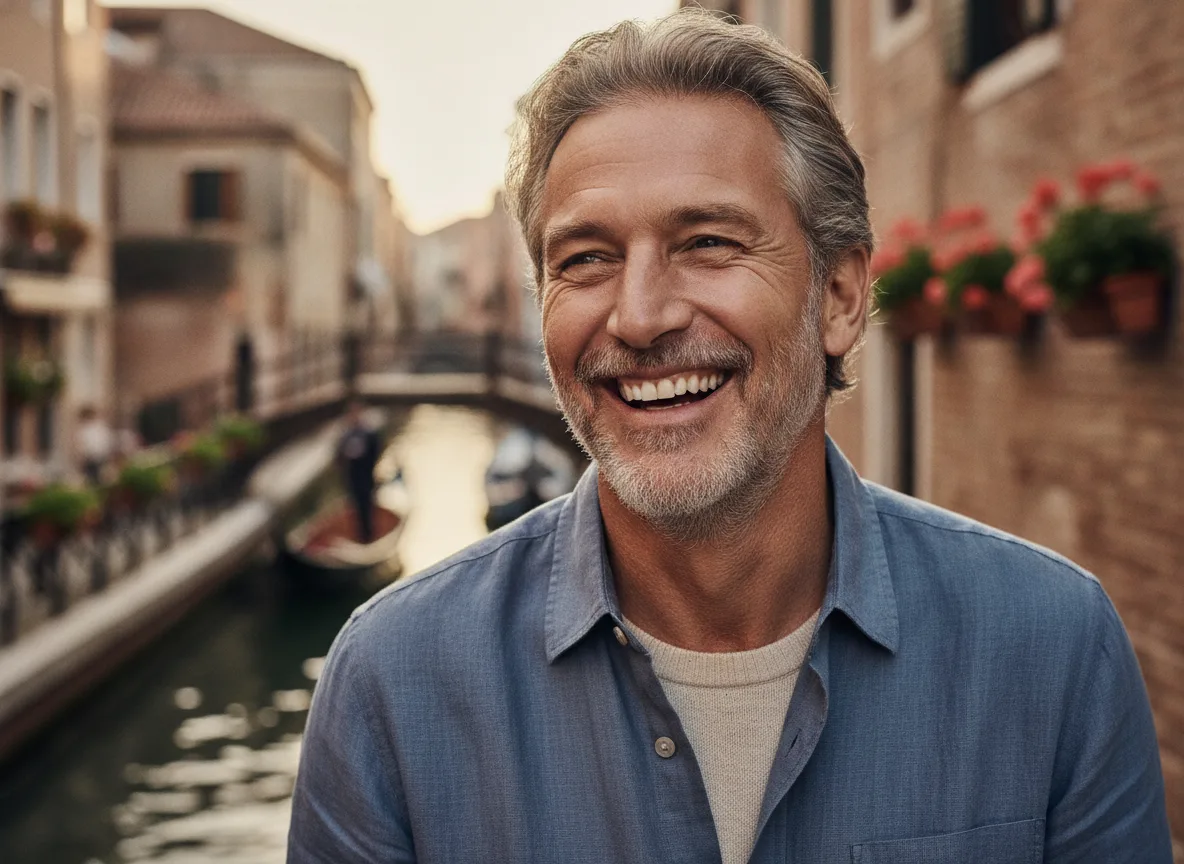 Smiling older man outdoors in a town setting