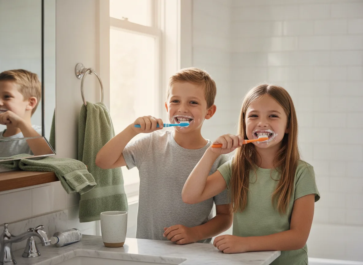 Children brushing their teeth together in a bright bathroom
