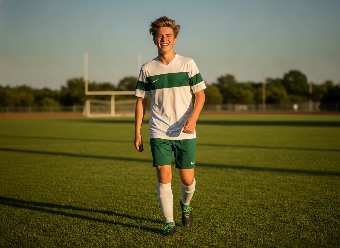 Active teenage athlete smiling outdoors on a sunny field