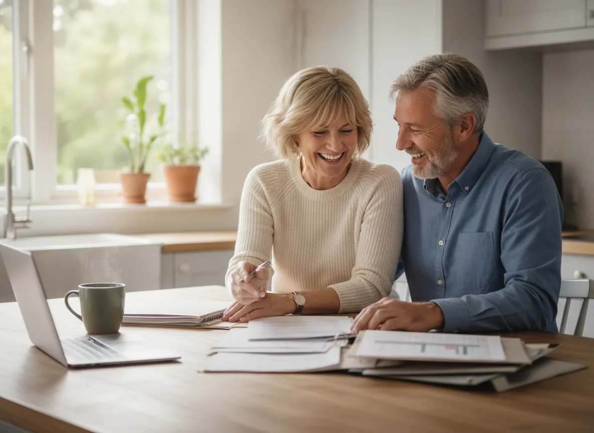 Couple reviewing paperwork together at home