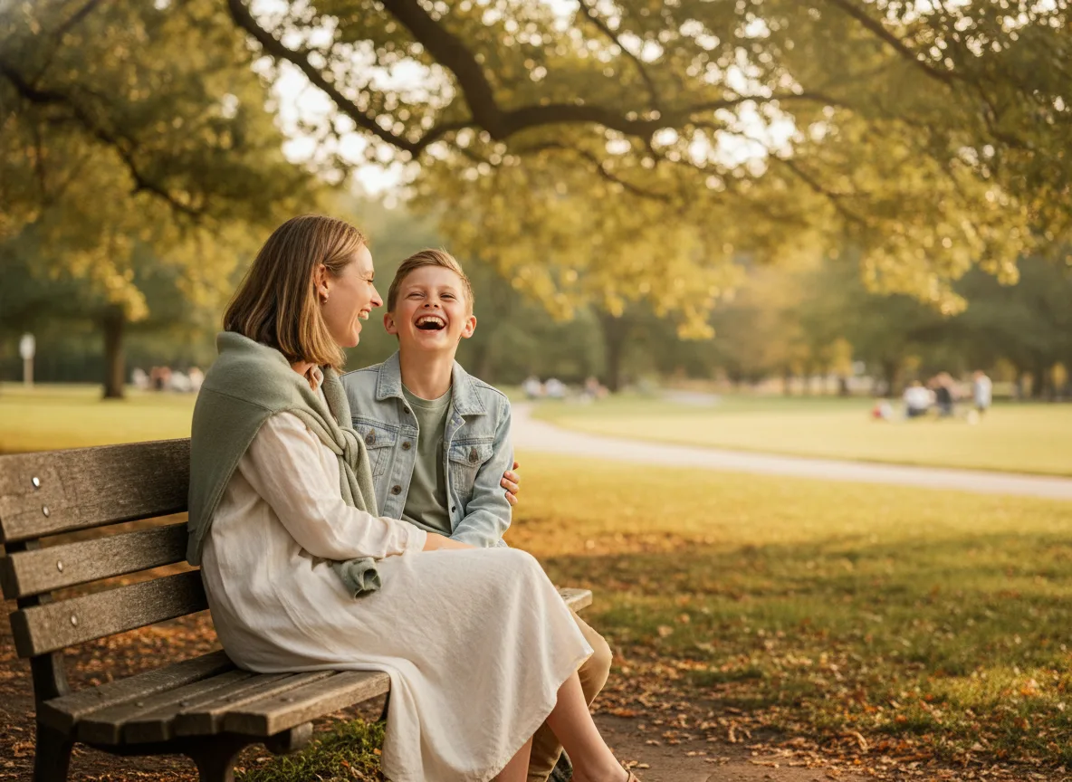 Smiling mother and son laughing together outdoors