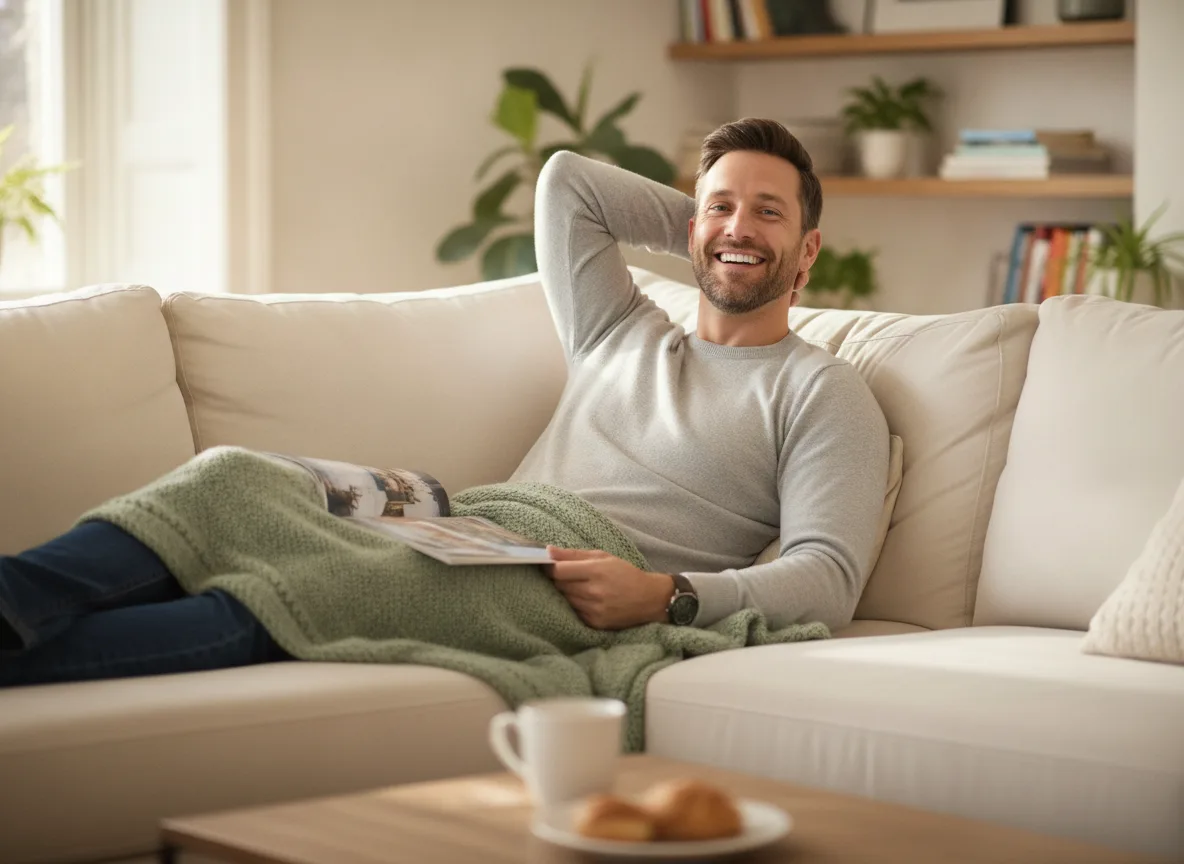 Smiling man relaxing comfortably at home
